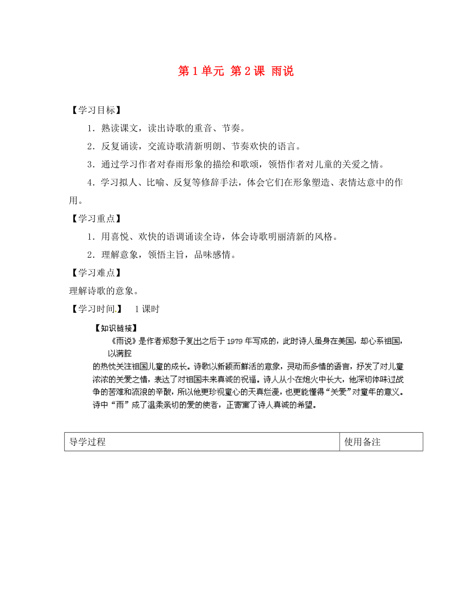 江蘇省銅山區(qū)清華中學(xué)九年級語文上冊 第1單元 第2課 雨說導(dǎo)學(xué)案（無答案） 新人教版_第1頁