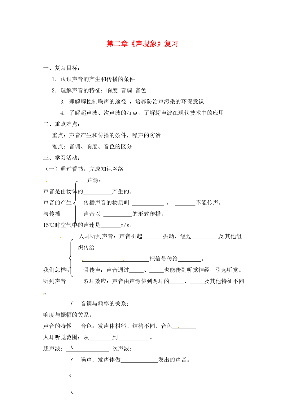 山東省茌平縣洪屯中學(xué)八年級(jí)物理上冊(cè) 第二章《聲現(xiàn)象》復(fù)習(xí)學(xué)案（無(wú)答案）（新版）新人教版_第1頁(yè)