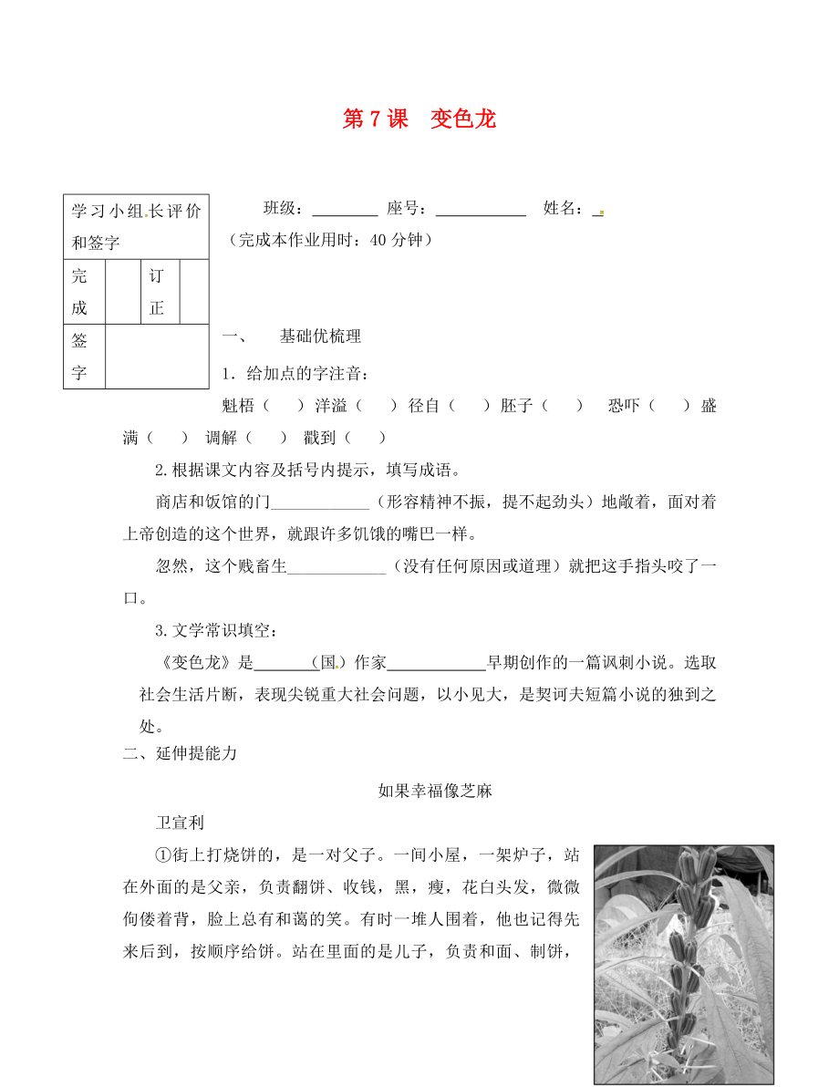 福建省廈門市第五中學九年級語文下冊 7 變色龍測試題（無答案） 新人教版_第1頁