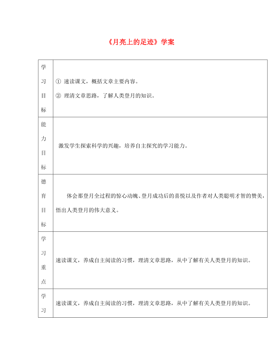 江西省萍鄉(xiāng)市第四中學(xué)七年級(jí)語文上冊(cè) 19《月亮上的足跡》學(xué)案（無答案） 人教新課標(biāo)版（通用）_第1頁