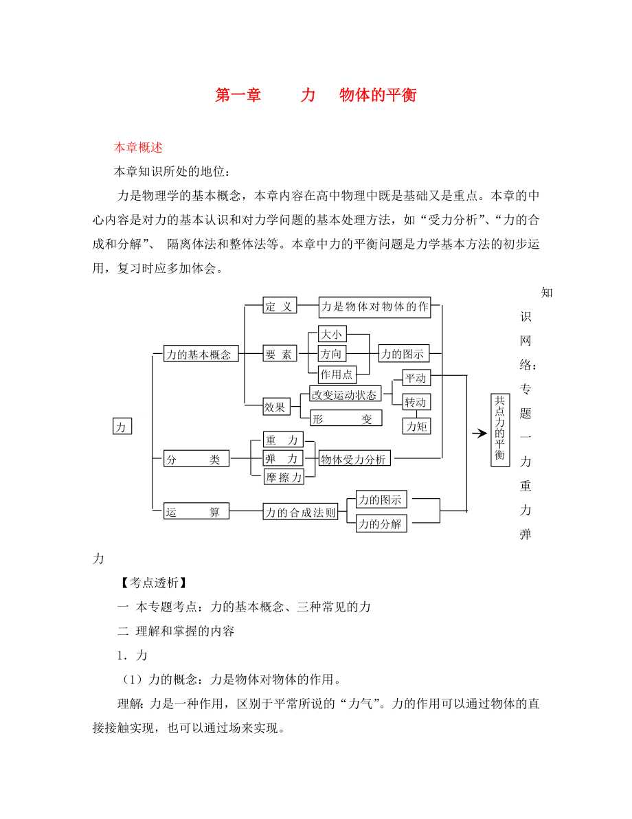 2020屆高三物理一輪復(fù)習(xí) 第一章《力、物體的平衡》專題一 力 重力 彈力學(xué)案 人教版_第1頁