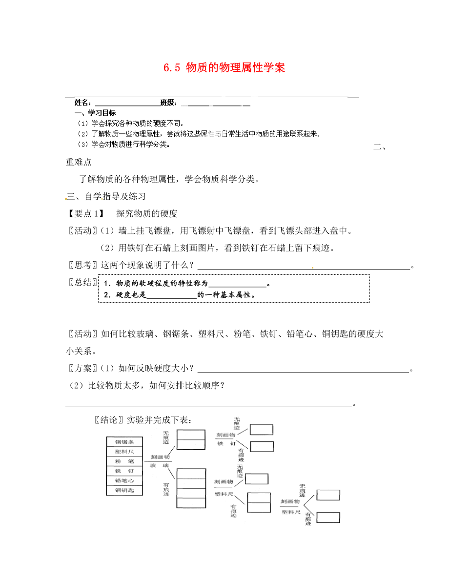 江蘇省南京市江寧區(qū)湯山初級中學(xué)八年級物理下冊 6.5 物質(zhì)的物理屬性學(xué)案（無答案） 蘇科版_第1頁