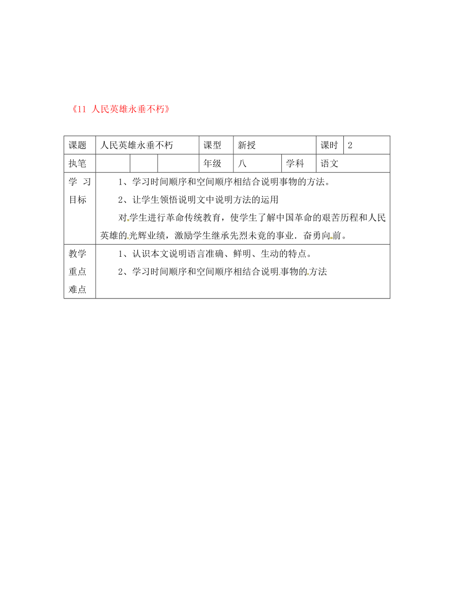 湖北省武漢為明實(shí)驗學(xué)校八年級語文上冊《11 人民英雄永垂不朽》導(dǎo)學(xué)案（無答案） 鄂教版_第1頁