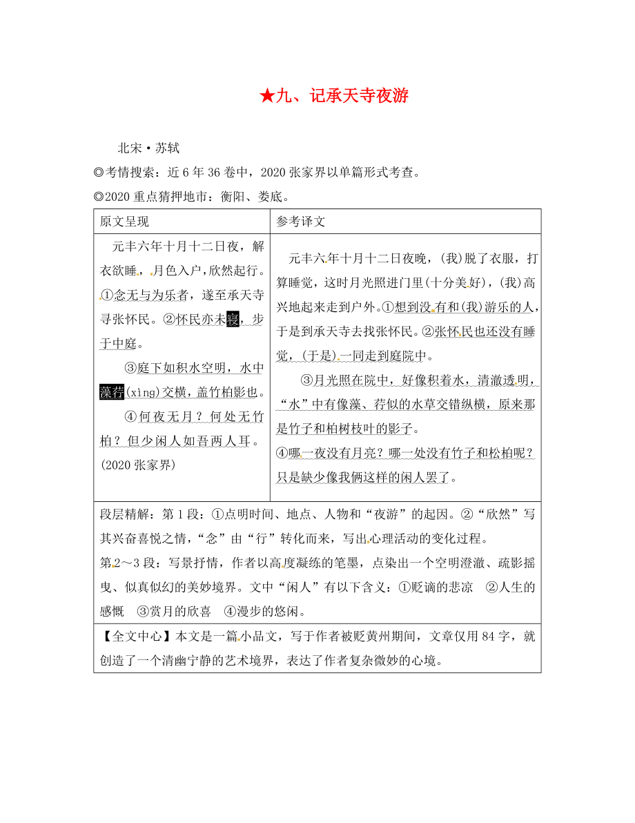 湖南省2020中考语文 第二部分 古诗文阅读 专题一 文言文阅读 九 记承天寺夜游素材 语文版_第1页