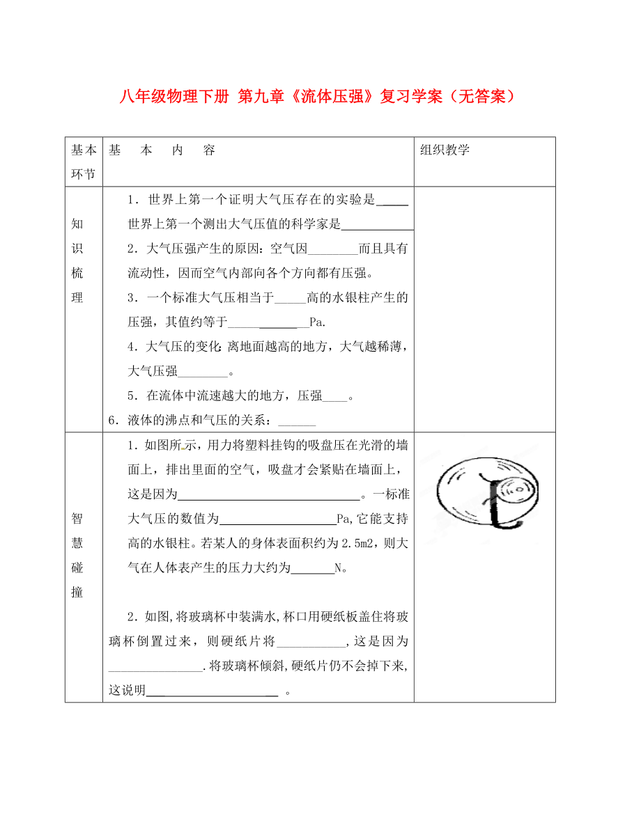 江蘇省沭陽縣官墩初級中學(xué)八年級物理下冊 第九章《流體壓強》復(fù)習(xí)學(xué)案（無答案）（新版）新人教版_第1頁