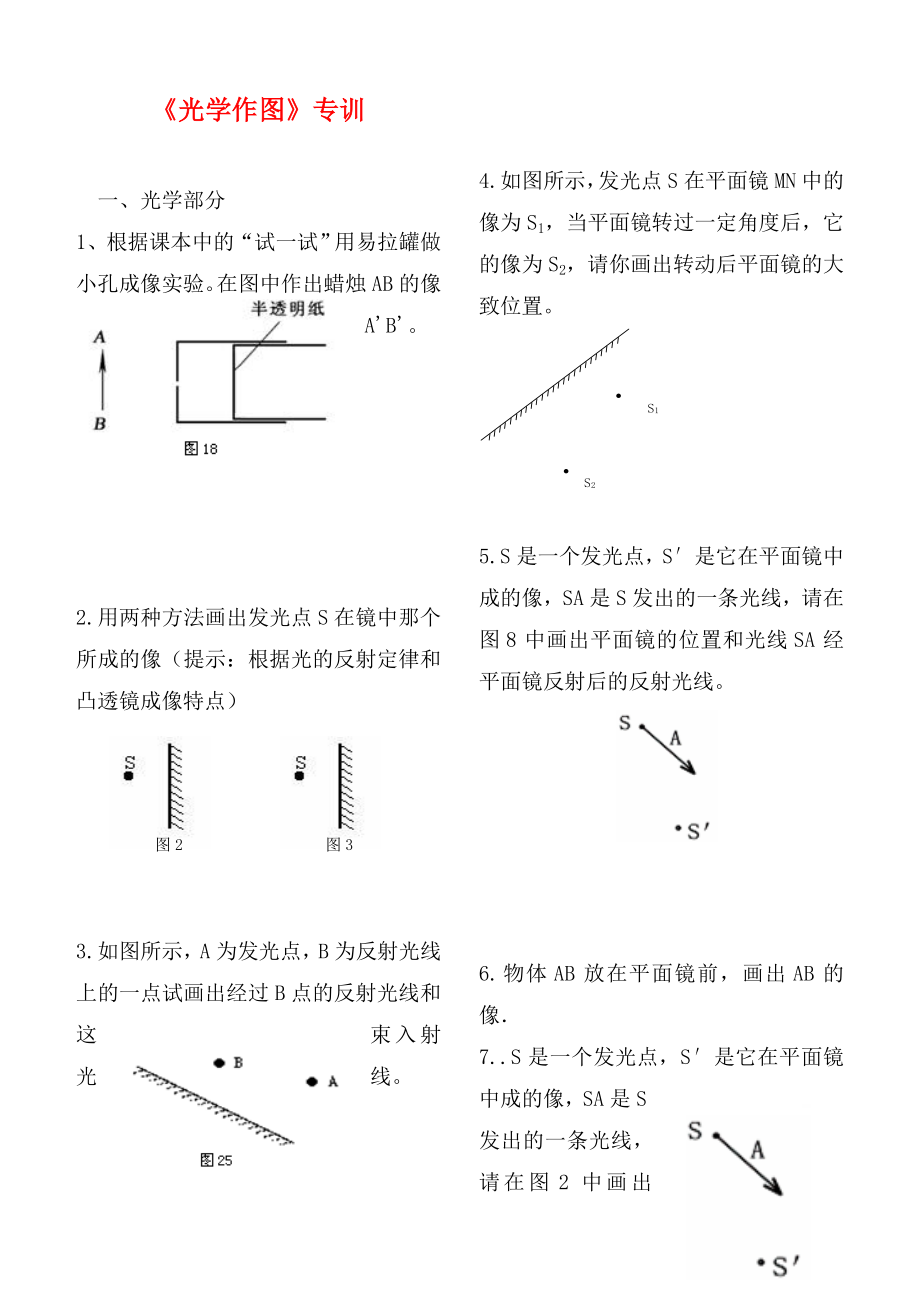 山東省鄒平縣實驗中學2020屆九年級物理全冊《光學作圖》專題訓練（無答案） 新人教版_第1頁