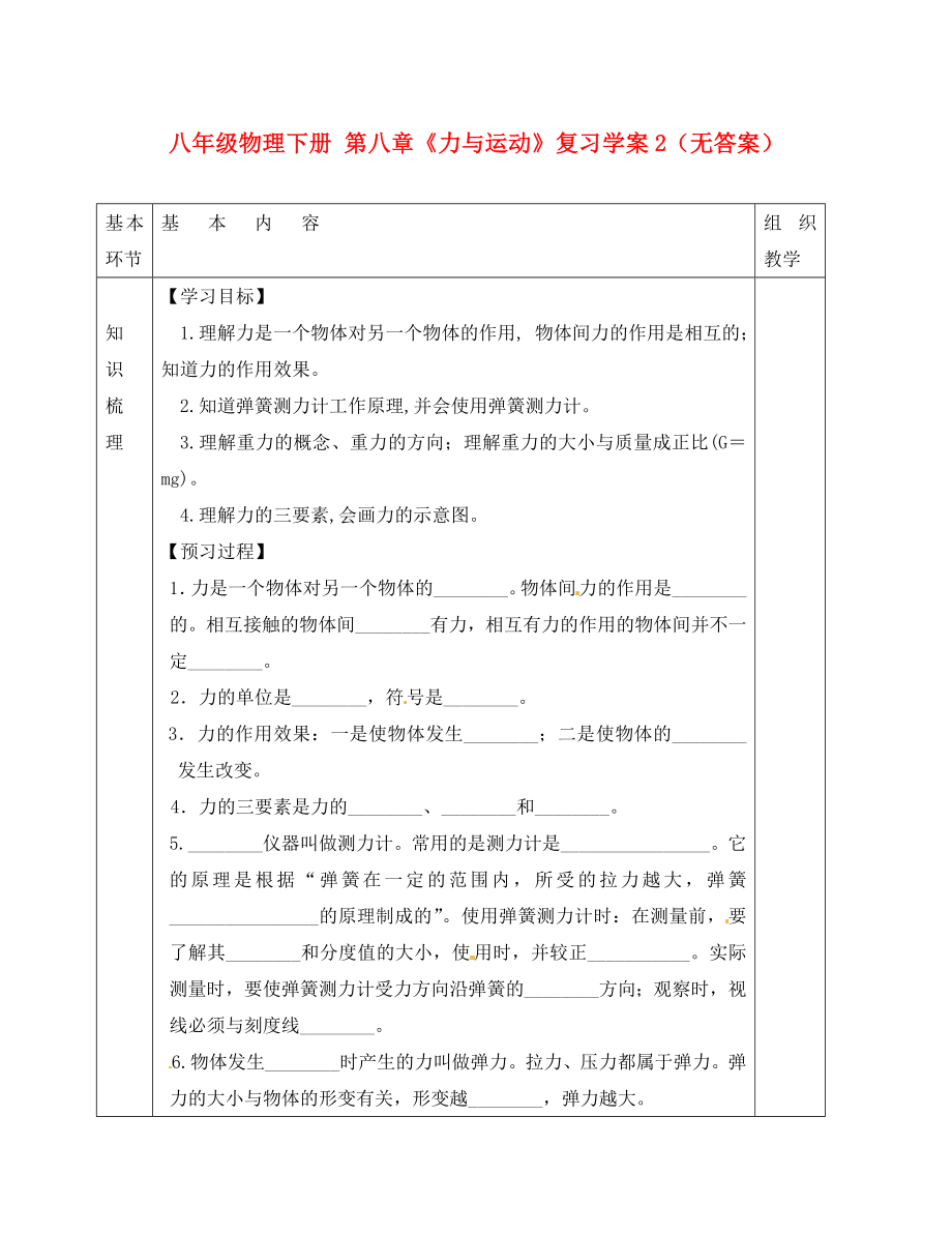 江蘇省沭陽縣官墩初級中學八年級物理下冊 第八章《力與運動》復習學案2（無答案）（新版）新人教版_第1頁