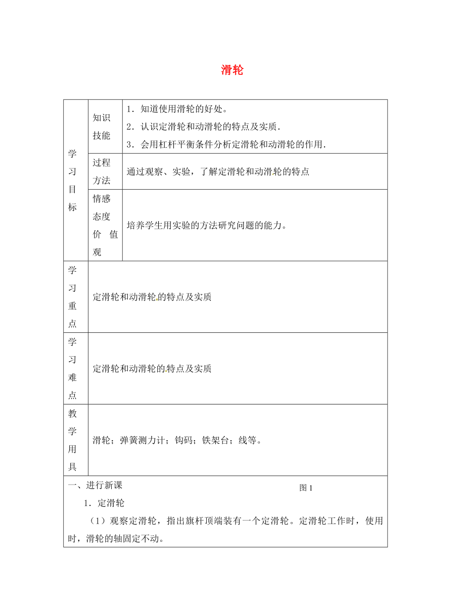 江蘇省徐州市沛縣楊屯中學九年級物理上冊 11.2 滑輪講學稿2（無答案） 蘇科版_第1頁