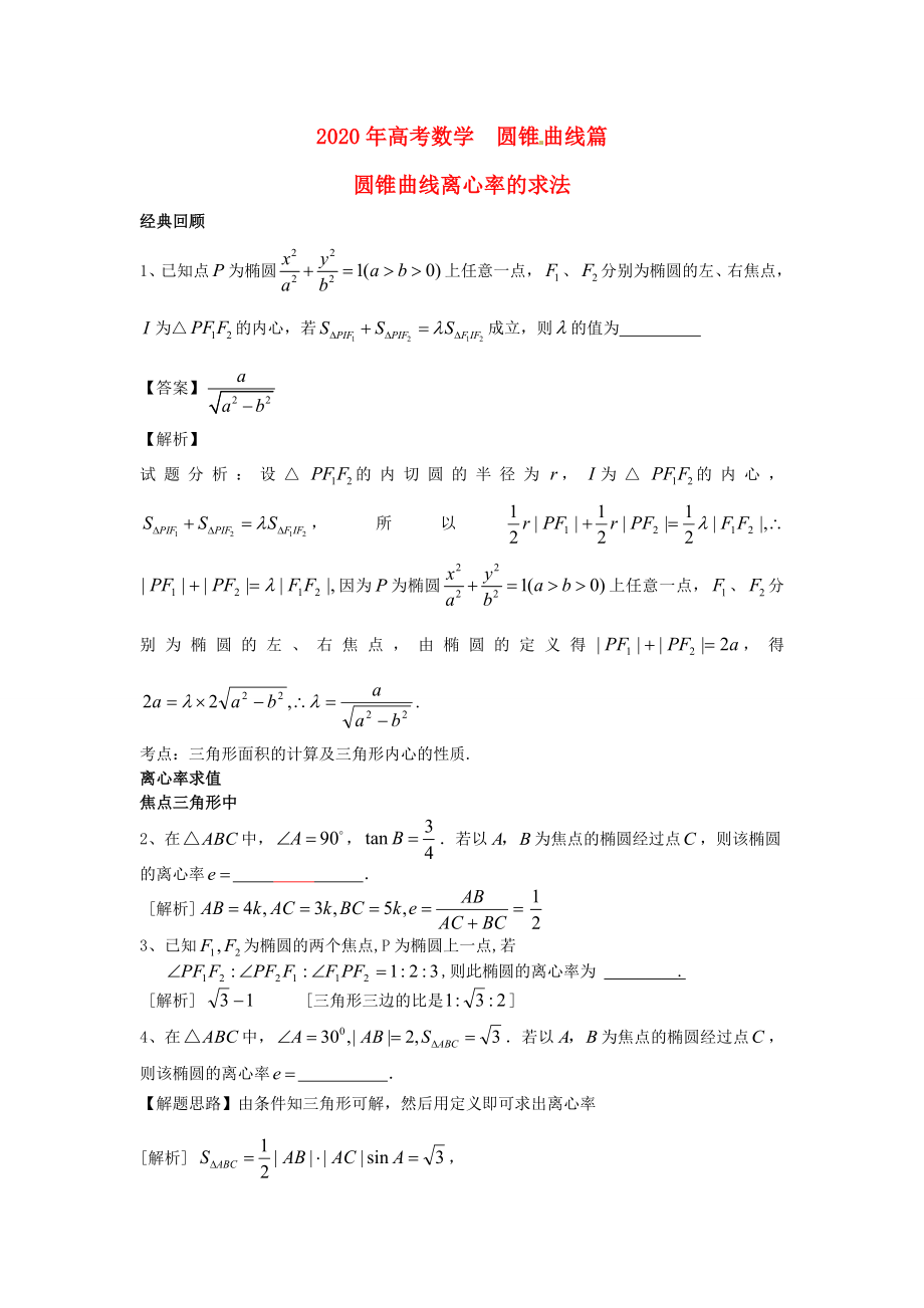 江蘇省無(wú)錫市2020年高考數(shù)學(xué) 圓錐曲線的離心率求法_第1頁(yè)