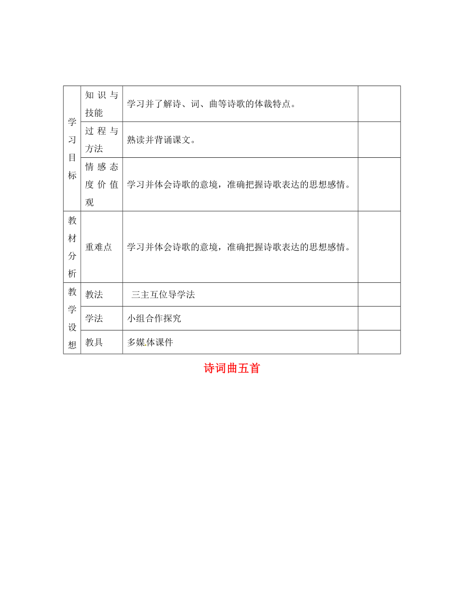 甘肅省寧縣第五中學八年級語文下冊 25 詩詞曲五首導學案1（無答案） 新人教版_第1頁