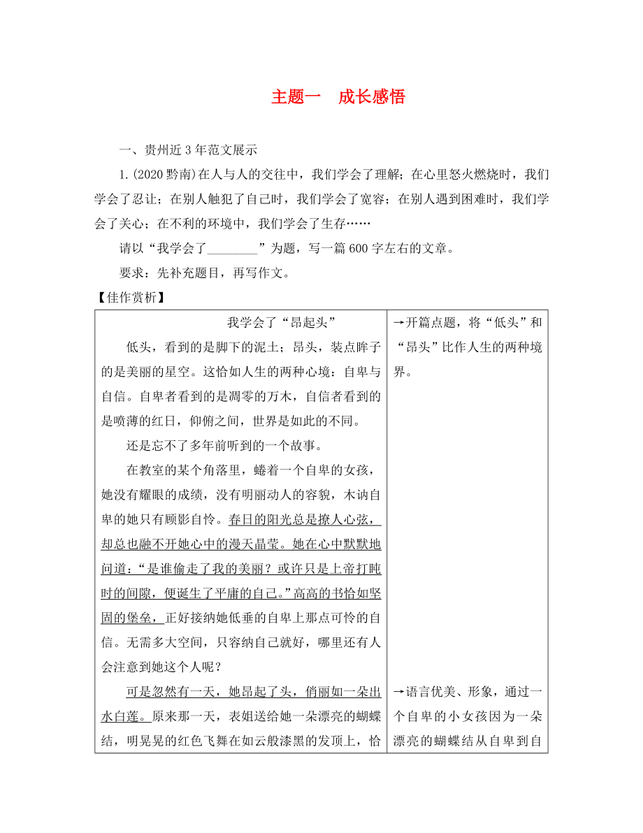 貴州省2020中考語(yǔ)文 第五部分 寫(xiě)作 主題一 成長(zhǎng)感悟_第1頁(yè)