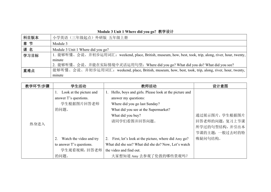 五年級(jí)上冊(cè)英語(yǔ)教案Module 3 Unit 1 Where did you go外研社（三起）_第1頁(yè)