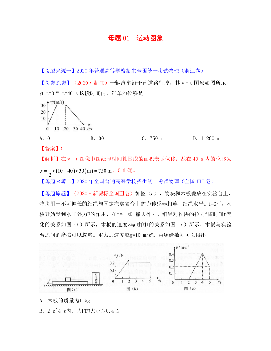 2020年高考物理 母題題源系列 專題01 運(yùn)動(dòng)圖象（含解析）_第1頁(yè)