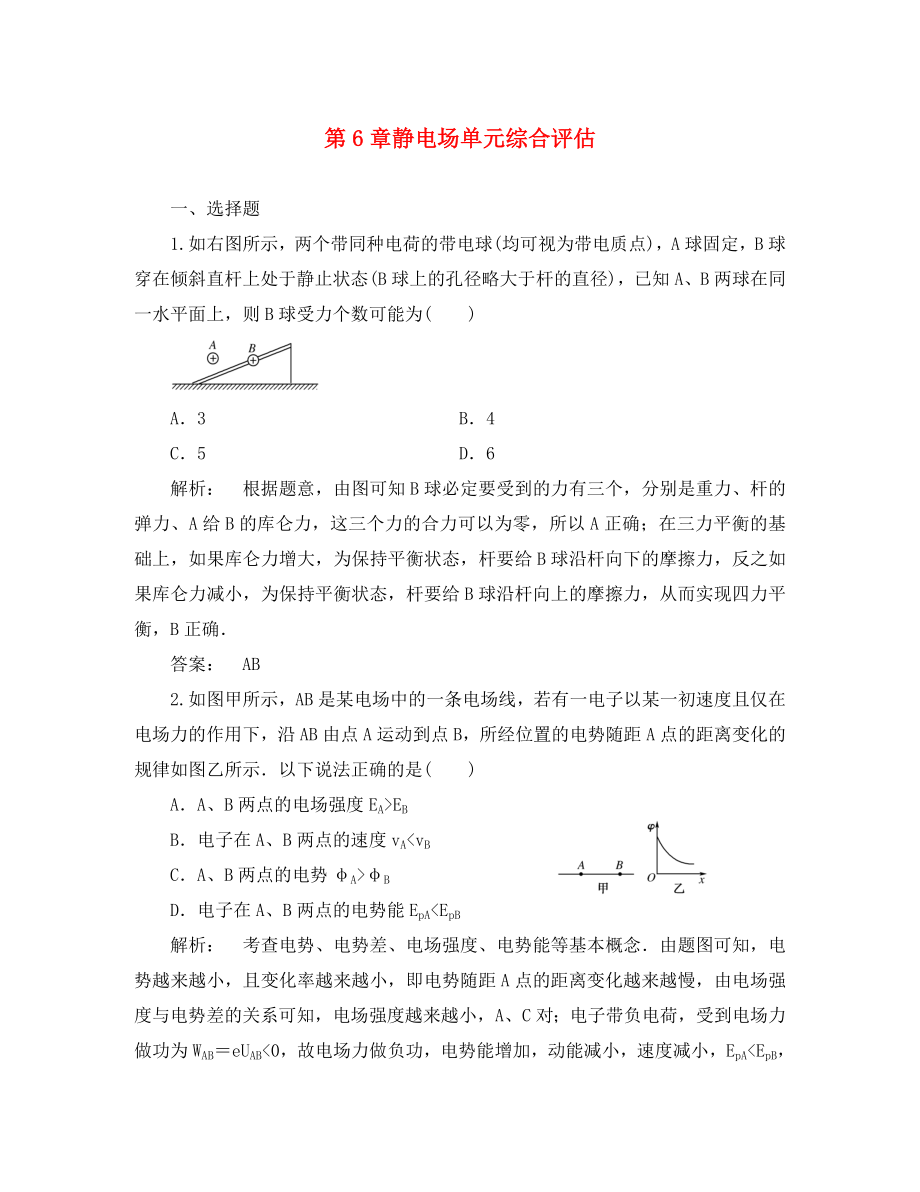 2020屆高考物理一輪復(fù)習(xí) 第6章靜電場(chǎng)單元綜合評(píng)估課下作業(yè) 新人教版選修3-1_第1頁(yè)