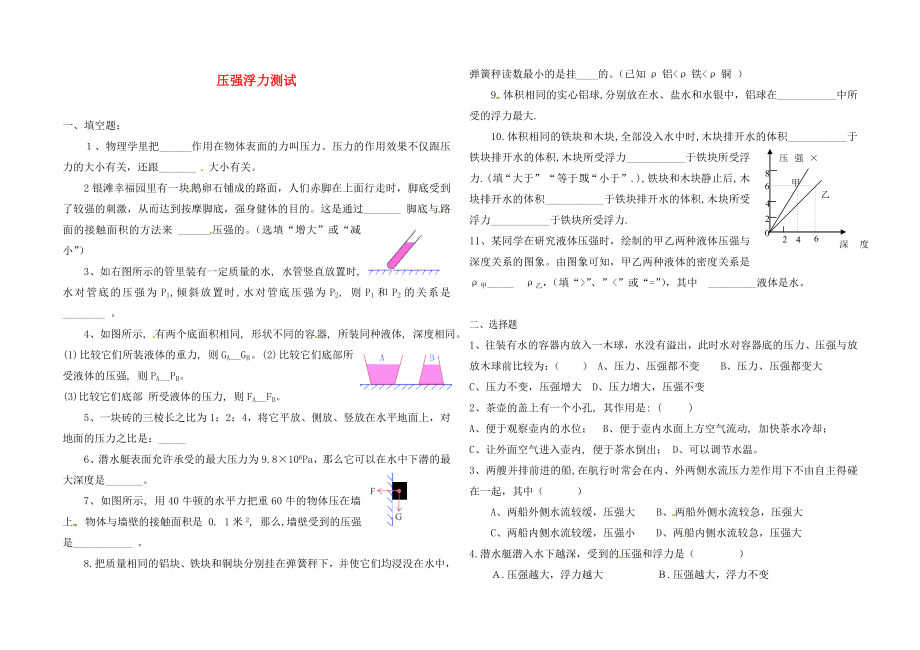 山東省乳山市南黃鎮(zhèn)初級中學2020年秋九年級物理全冊《壓強、浮力》測試題（無答案） 新人教版_第1頁