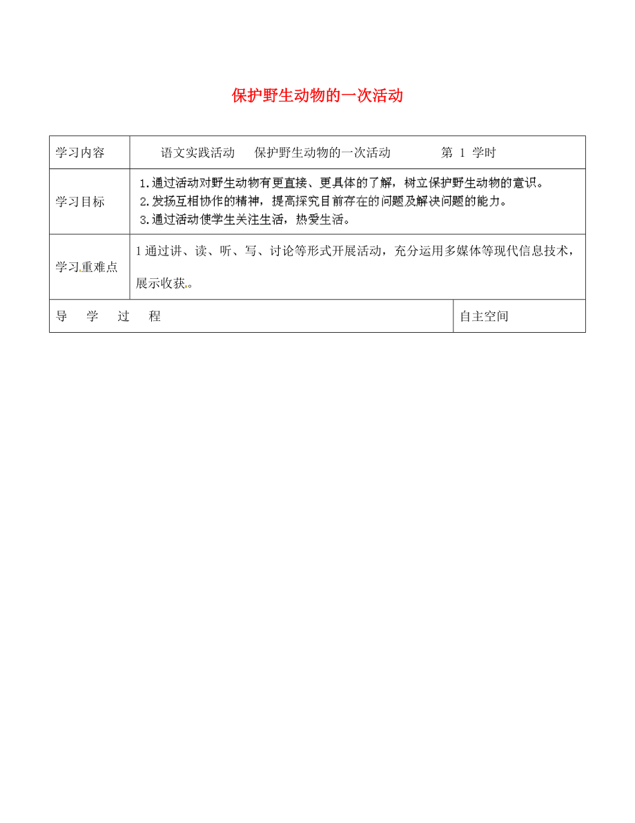 海南省?？谑械谑闹袑W(xué)七年級語文下冊 實踐活動 保護(hù)野生動物的一次活動導(dǎo)學(xué)案（無答案） 蘇教版_第1頁