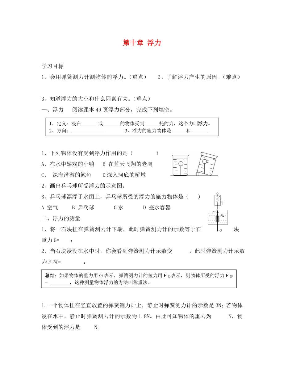 河北省藁城市尚西中學八年級物理下冊 第十章 浮力學案（無答案） （新版）新人教版_第1頁