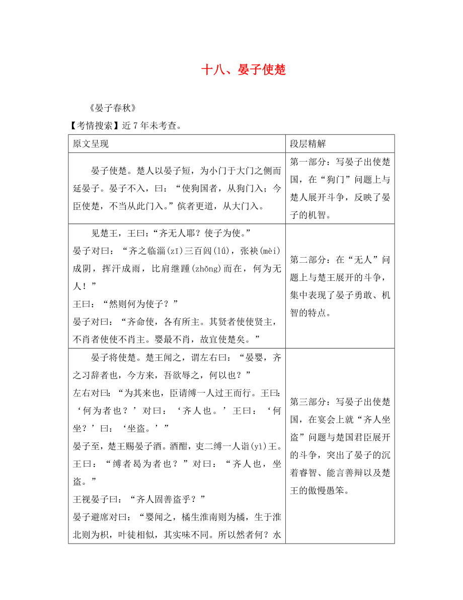 湖南省益陽市2020年中考語文 第二部分 古詩文閱讀 十八 晏子使楚素材 北師大版（通用）_第1頁