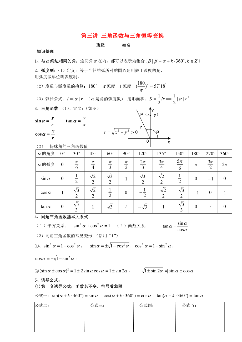 浙江省溫州23中2020高二數(shù)學(xué)會(huì)考后進(jìn)生輔導(dǎo)資料 第三講 三角函數(shù)與三角恒等變換_第1頁