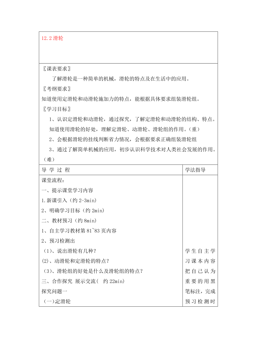 安徽省阜阳市太和县郭庙中学八年级物理下册 12.2 滑轮导学案（无答案）（新版）新人教版_第1页