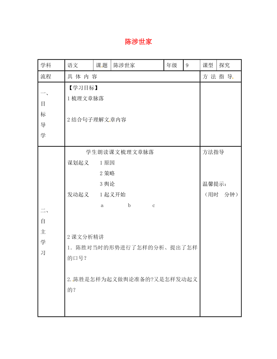 河南省濮阳市范县濮城镇中学九年级语文上册 21 陈涉世家学案2（无答案） 新人教版_第1页