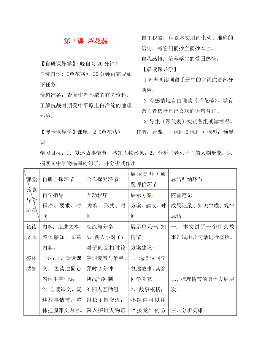 浙江省臺(tái)州市天臺(tái)縣始豐中學(xué)八年級(jí)語(yǔ)文上冊(cè) 第2課 蘆花蕩導(dǎo)學(xué)案（無(wú)答案） 新人教版_第1頁(yè)