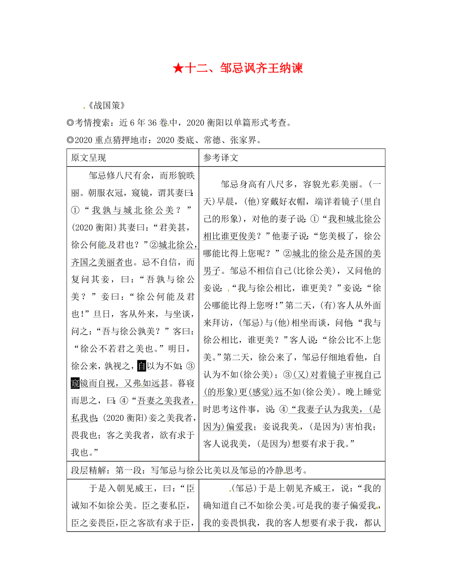 湖南省2020中考语文 第二部分 古诗文阅读 专题一 文言文阅读 十二 邹忌讽齐王纳谏素材 语文版_第1页