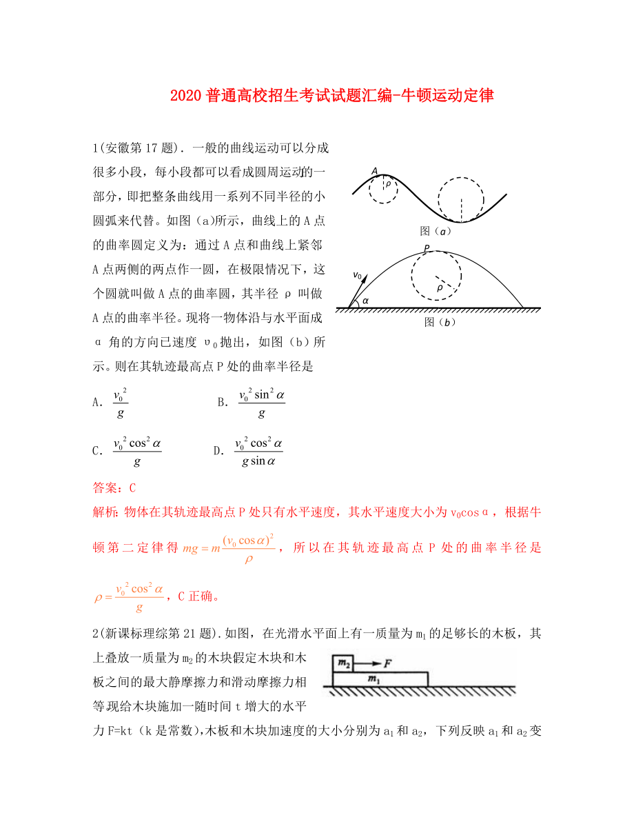 2020年高考物理試題分類匯編 牛頓運(yùn)動(dòng)定律_第1頁