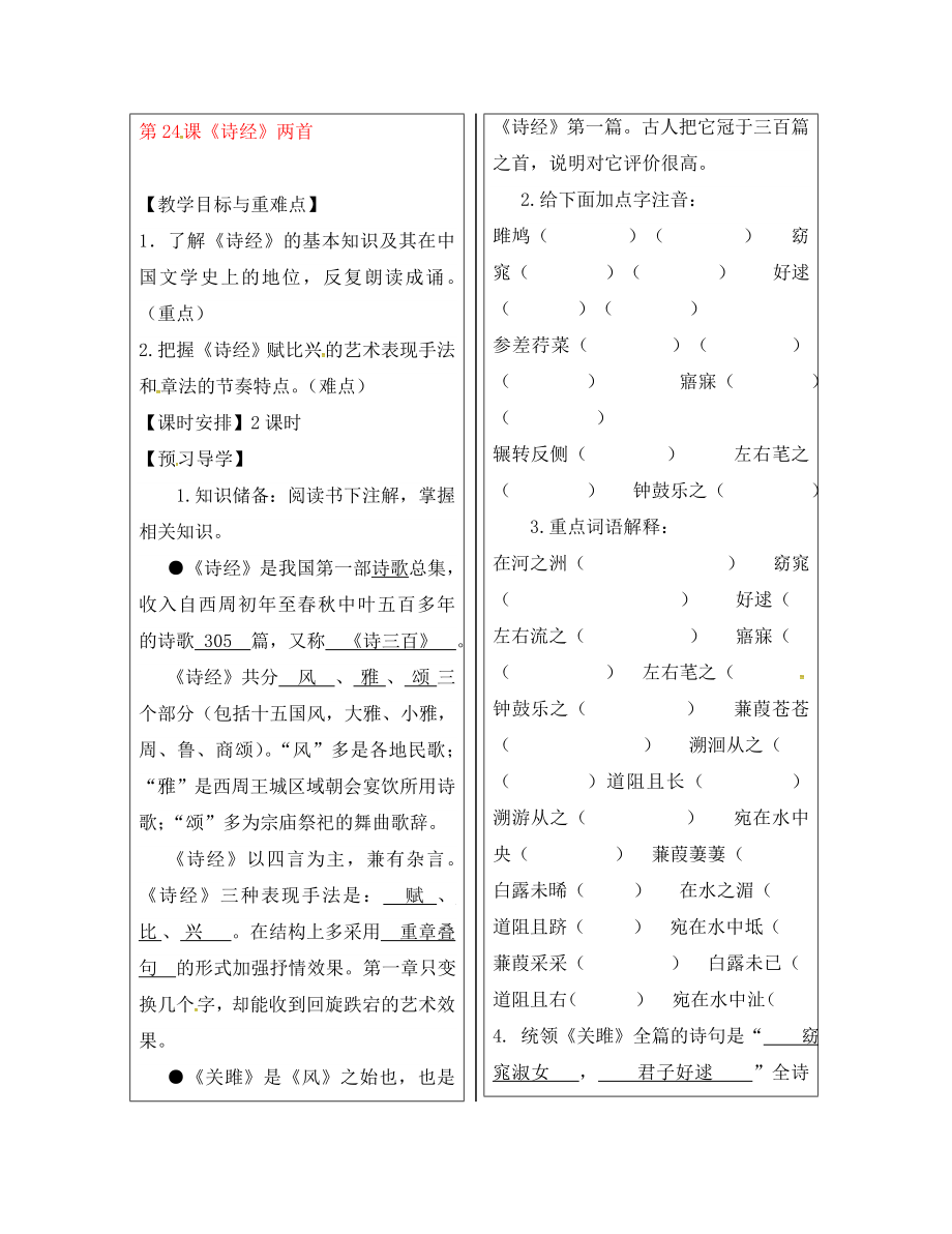 福建省廈門市第五中學(xué)九年級語文下冊 24《詩經(jīng)》兩首教學(xué)案 新人教版_第1頁