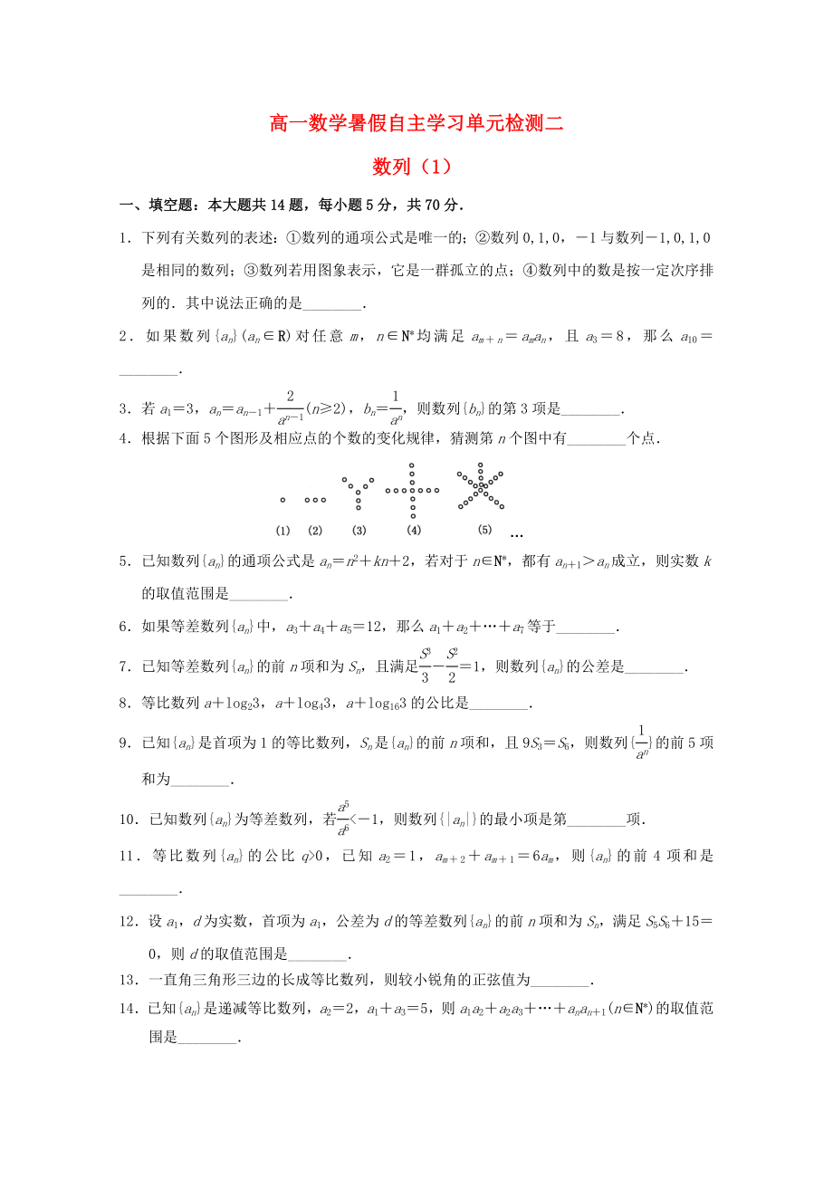 江蘇省南通市通州區(qū)2020年高一數(shù)學暑假自主學習 單元檢測二 數(shù)列（1）_第1頁