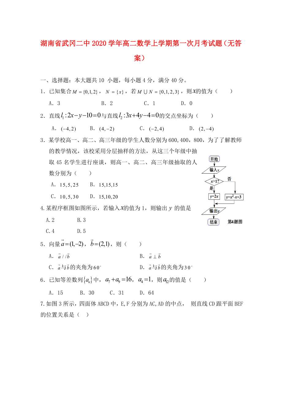 湖南省武冈二中2020学年高二数学上学期第一次月考试题（无答案）_第1页
