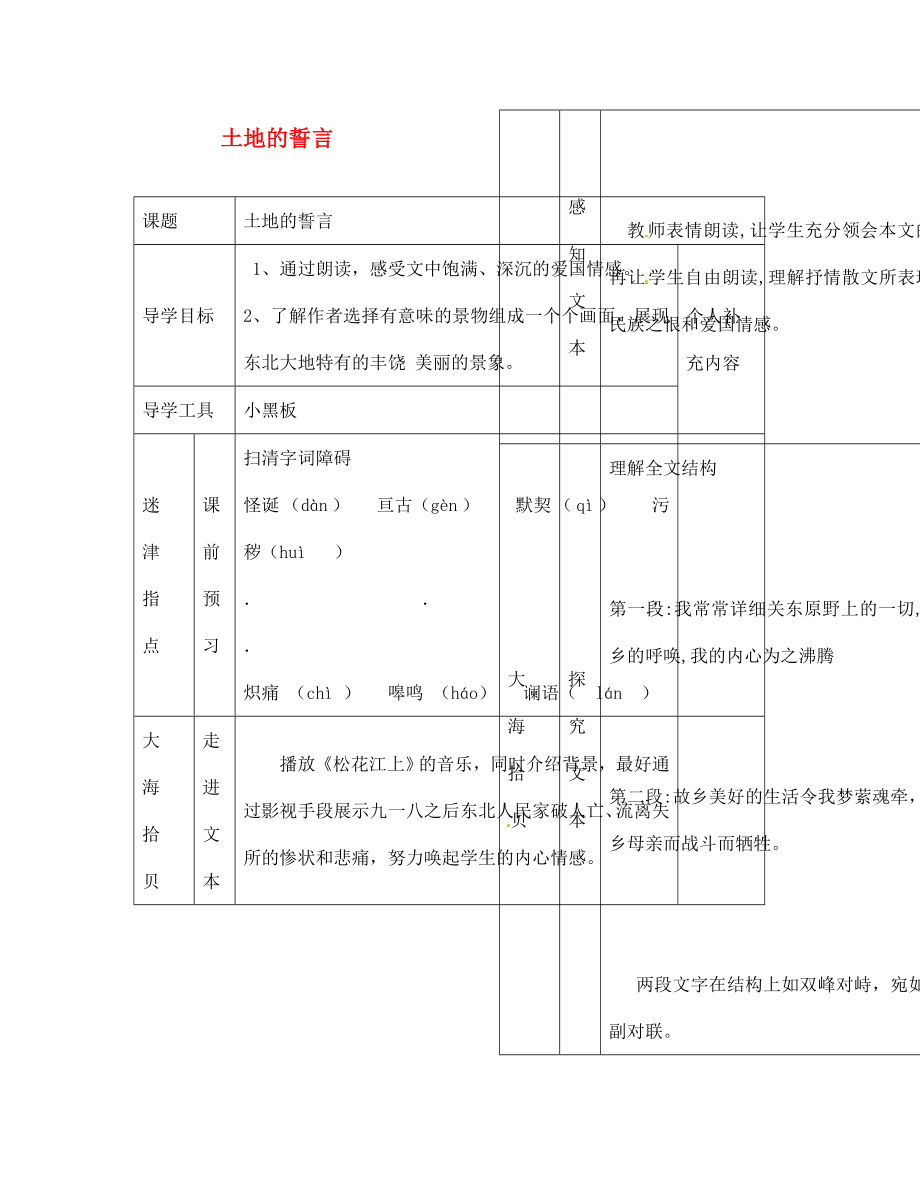 江西省吉安縣鳳凰中學七年級語文下冊 土地的誓言導(dǎo)學案（無答案） 新人教版_第1頁