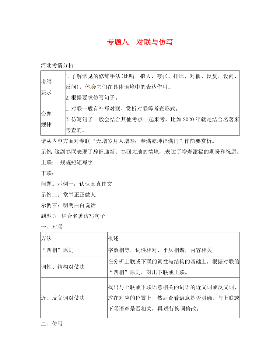 河北省邢臺(tái)市2020年中考語(yǔ)文 模塊復(fù)習(xí)總結(jié) 專(zhuān)題八 對(duì)聯(lián)與仿寫(xiě)素材_第1頁(yè)