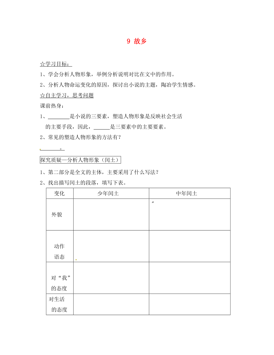 陜西省靖邊縣第四中學(xué)九年級語文上冊 9 故鄉(xiāng)（第2課時）導(dǎo)學(xué)案（無答案） 新人教版_第1頁