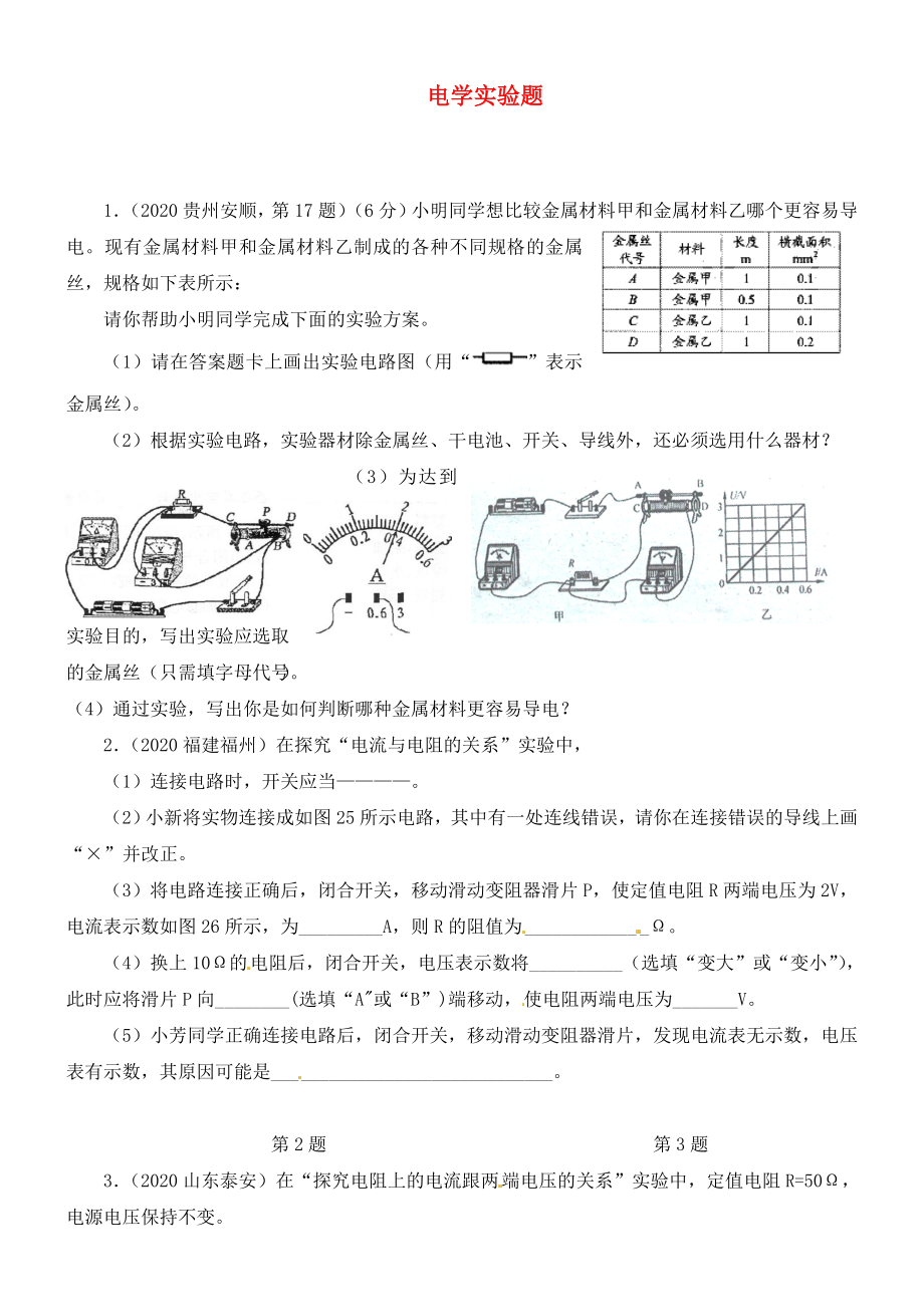 山東省淄博市周村區(qū)萌水中學(xué)九年級(jí)物理全冊(cè)《電學(xué)實(shí)驗(yàn)題》復(fù)習(xí)試題（無(wú)答案）新人教版_第1頁(yè)