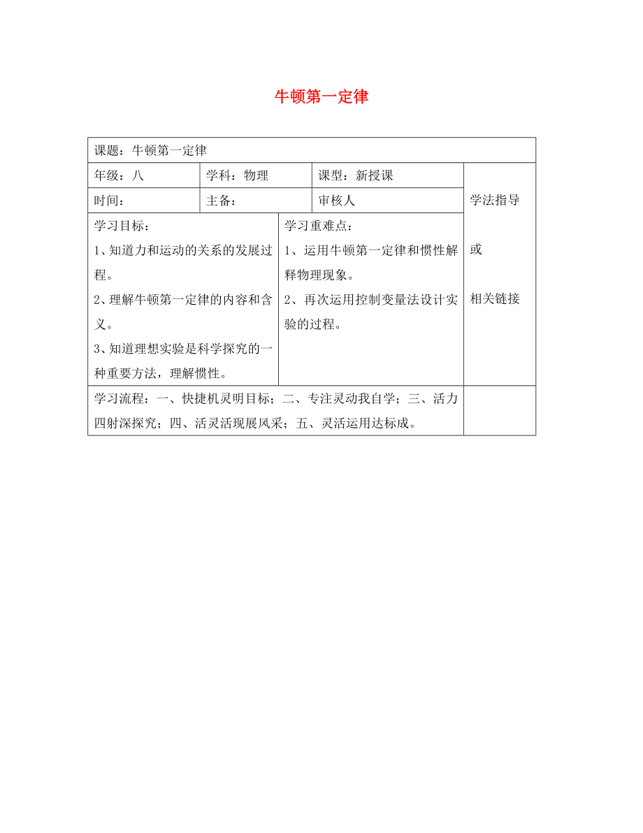 安徽省太和县桑营镇桑营中学八年级物理下册 8.1 牛顿第一定律导学案（无答案）（新版）新人教版_第1页