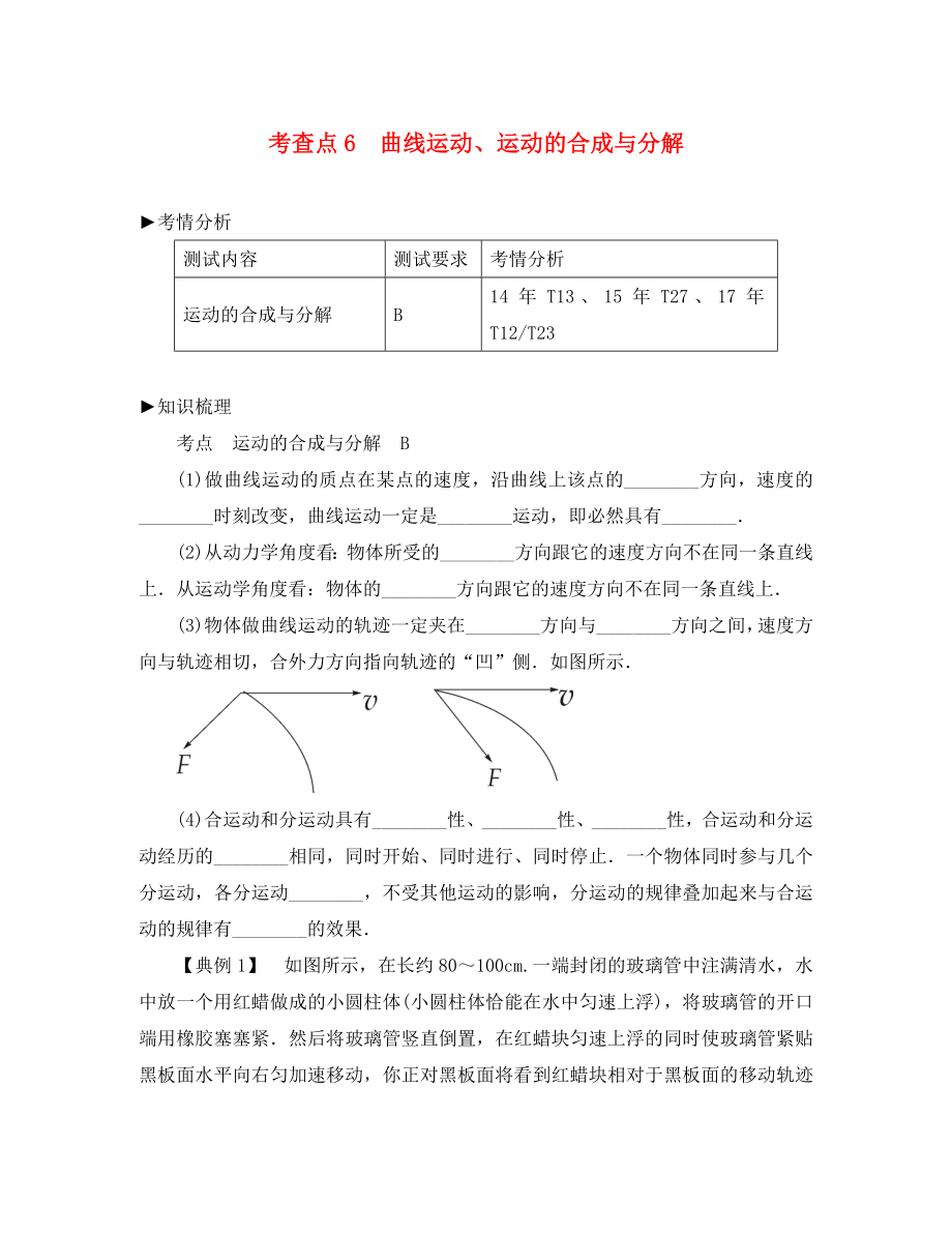 2020高考物理總復(fù)習(xí) 考查點(diǎn)6 曲線運(yùn)動、運(yùn)動的合成與分解考點(diǎn)解讀學(xué)案（無答案）_第1頁