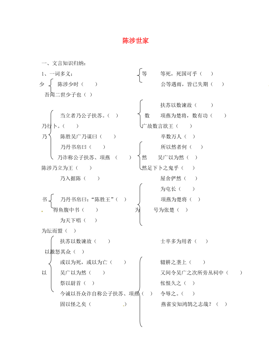 江蘇省蘇州高新區(qū)第二中學(xué)九年級語文上冊《第16課 陳涉世家》導(dǎo)學(xué)案（無答案） 蘇教版_第1頁