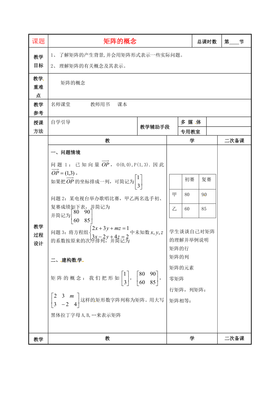 江蘇省徐州市建平中學(xué)高二數(shù)學(xué) 矩陣的概念教案_第1頁