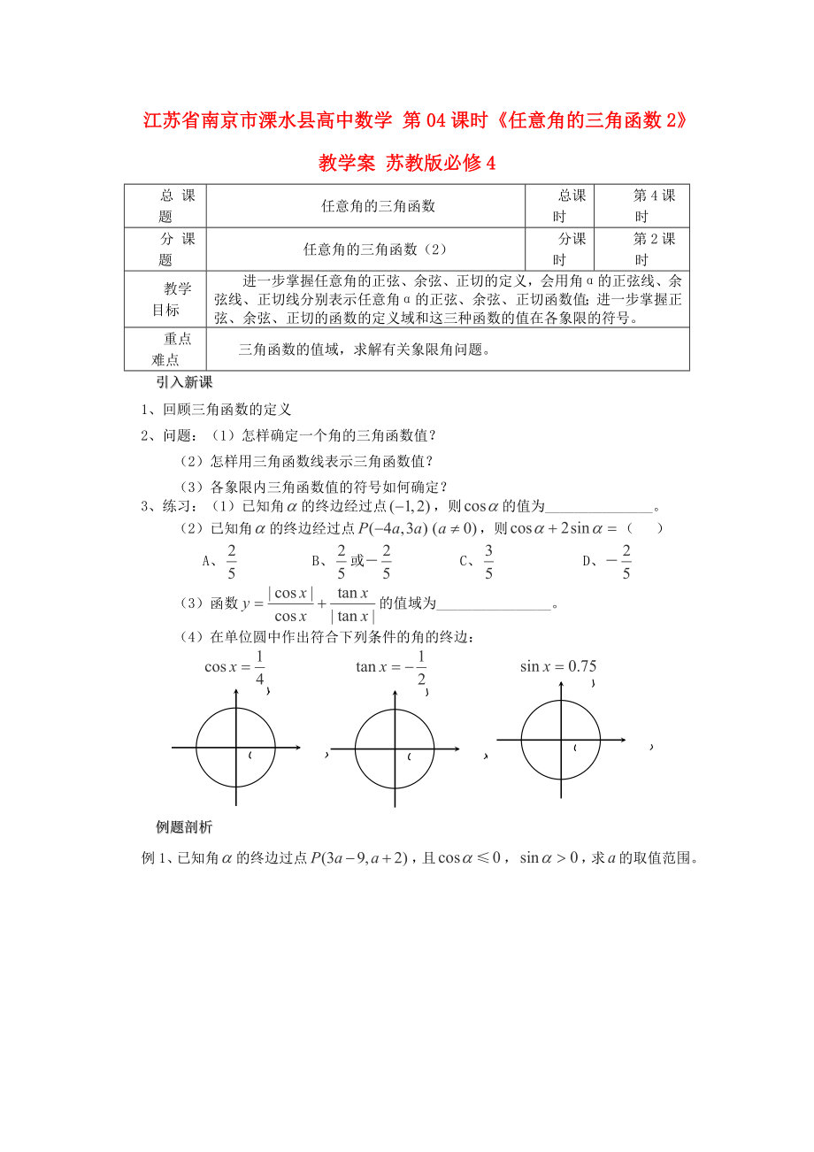 江蘇省南京市溧水縣高中數(shù)學(xué) 第04課時(shí)《任意角的三角函數(shù)2》教學(xué)案 蘇教版必修4_第1頁(yè)