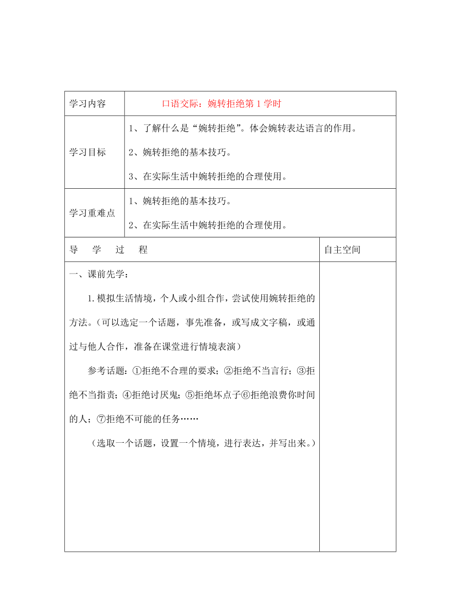 江蘇省連云港灌云縣龍苴中學(xué)七年級(jí)語(yǔ)文上冊(cè)《口語(yǔ)交際：婉轉(zhuǎn)拒絕 第1學(xué)時(shí)》導(dǎo)學(xué)案（無(wú)答案）_第1頁(yè)