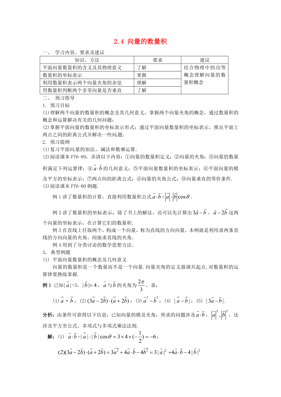 江蘇省蘇州市第五中學(xué)高中數(shù)學(xué) 2.4向量的數(shù)量積學(xué)案 蘇教版必修4_第1頁