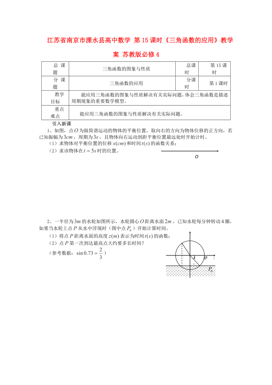 江蘇省南京市溧水縣高中數(shù)學(xué) 第15課時(shí)《三角函數(shù)的應(yīng)用》教學(xué)案 蘇教版必修4_第1頁(yè)