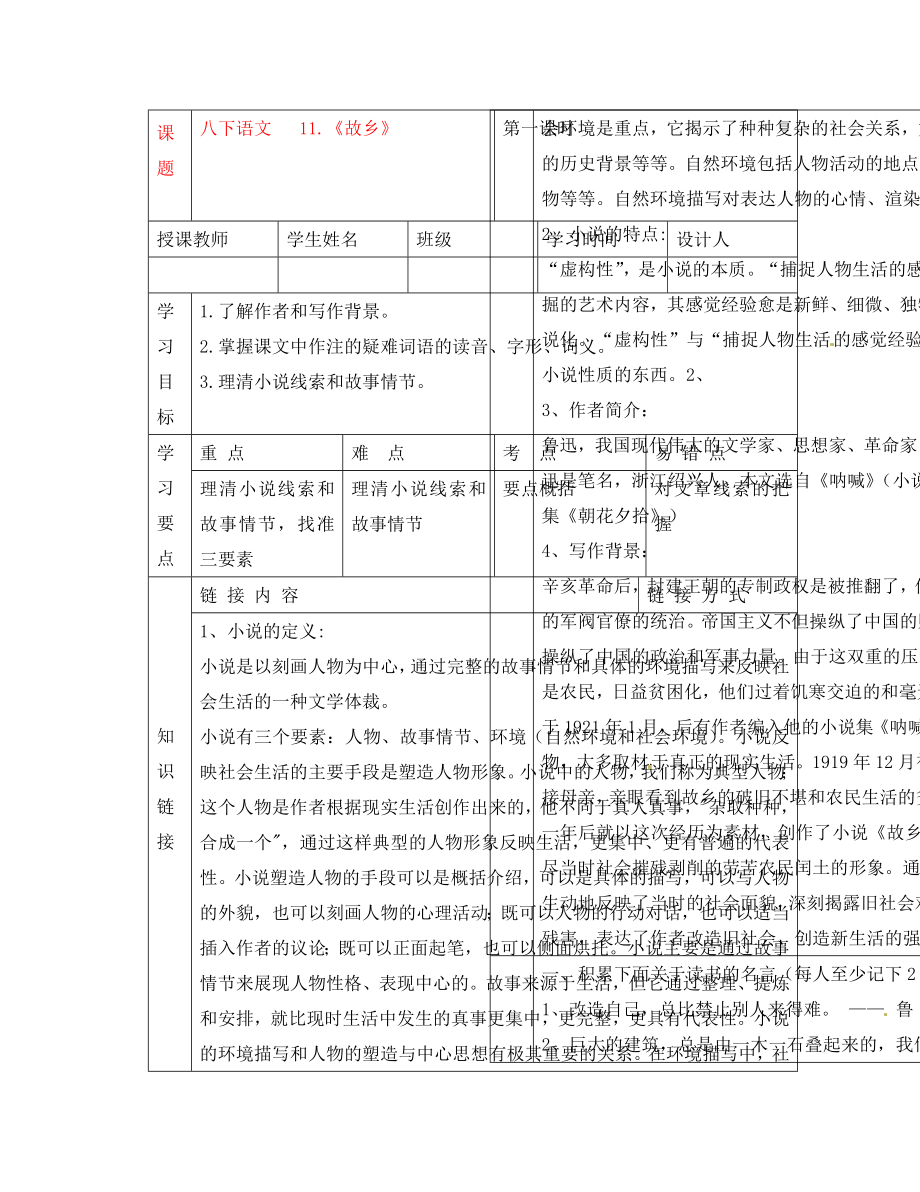 湖北省武漢市陸家街中學八年級語文下冊 故鄉(xiāng)（第一課時）導學案（無答案） 新人教版_第1頁