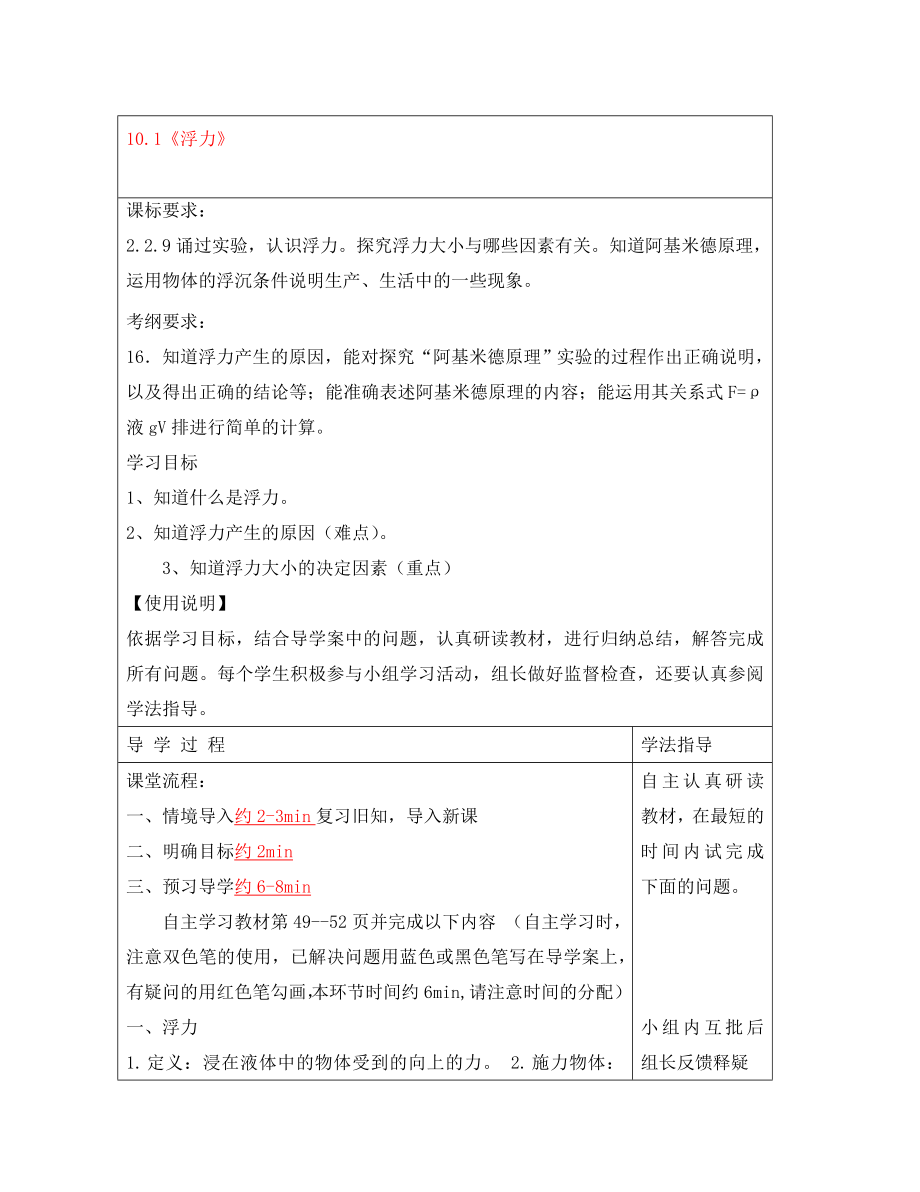 安徽省阜阳市太和县郭庙中学八年级物理下册 10.1 浮力导学案（无答案）（新版）新人教版_第1页