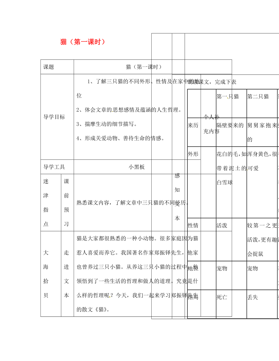 江西省吉安縣鳳凰中學七年級語文下冊 貓（第一課時）導學案（無答案） 新人教版（通用）_第1頁