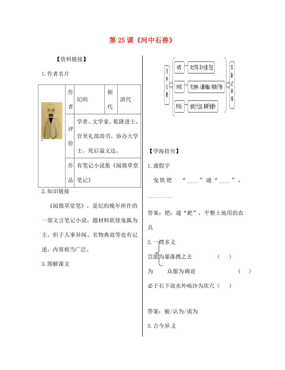 遼寧省丹東市第七中學2020七年級語文上冊 第五單元 第25課《河中石獸》（第2課時）研學案（無答案）（新版）新人教版_第1頁