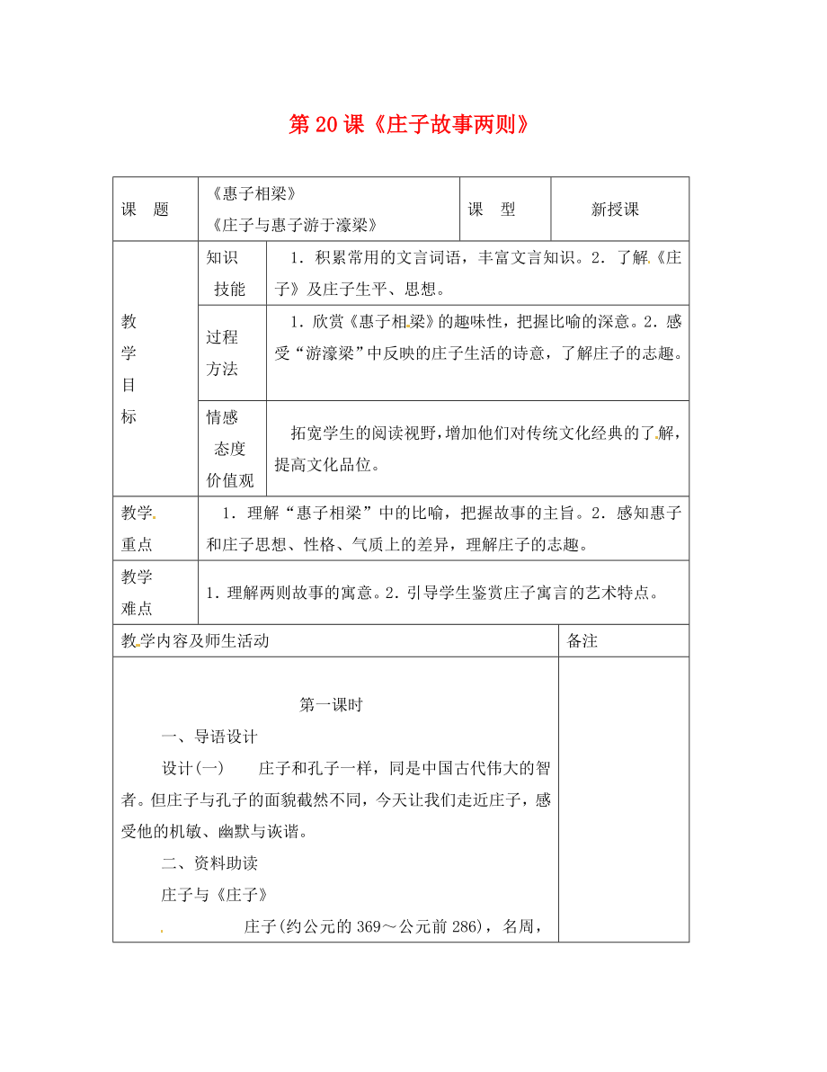 甘肅省武威市涼州區(qū)永昌鎮(zhèn)和寨九年制學(xué)校九年級語文下冊 第20課《莊子故事兩則》教案1 新人教版_第1頁