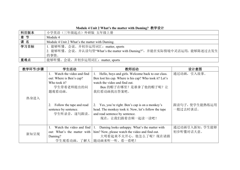 五年級(jí)上冊(cè)英語(yǔ)教案Module 4 Unit 2 What’s the matter with Daming外研社（三起）_第1頁(yè)