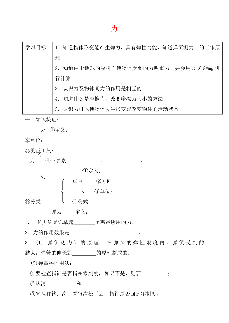 江蘇省句容市天王中學九年級物理 力復習學案（無答案）_第1頁